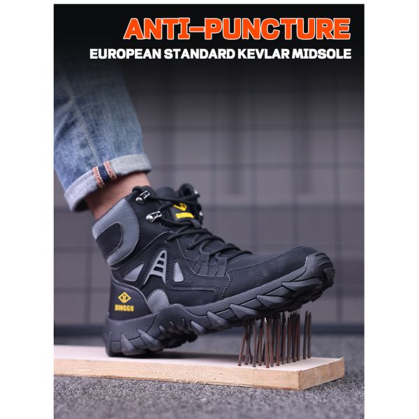 Chaussures de sécurité en cuir en microfibre volante en tricot, chaussures de sécurité à semelle moyenne en Kevlar, chaussures de sécurité en acier, chaussures de travail en caoutchouc