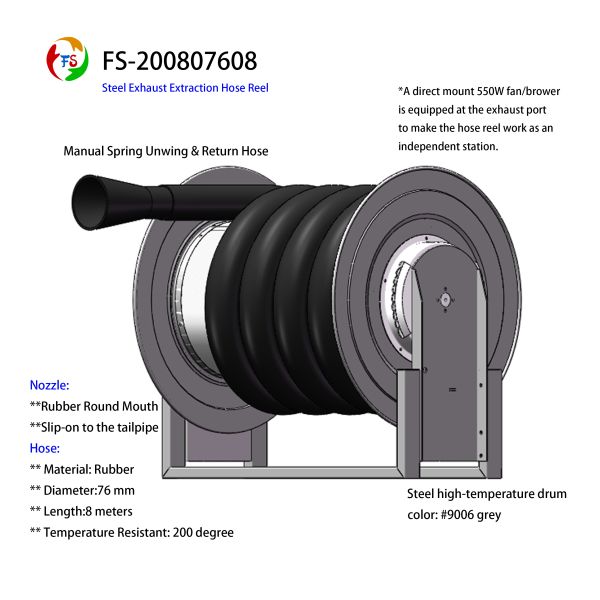 08 Series Electric High Temperature Exhaust Hose Reel Steel Drum for Workshop Maintenance