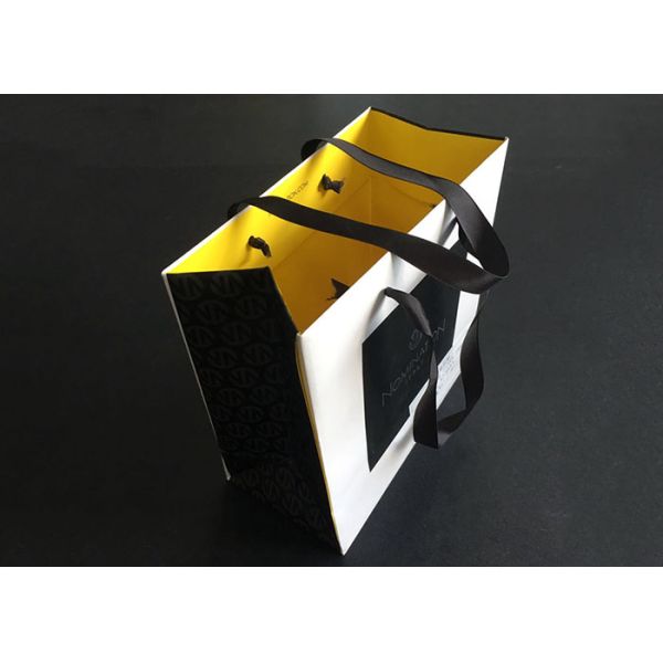 Ribbon Handle Gift Printed Paper Bags Carry White Black Inside Yellow Greaseproof