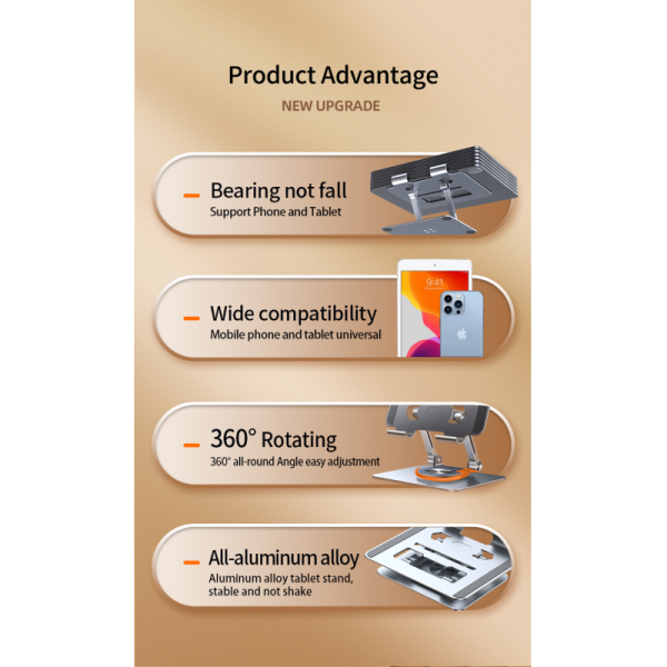 Folding Tablet Mobile Phone Stand Phone Holder Metal Alloy Device size supported 1 13 inch Adjustable height Easy to Carry