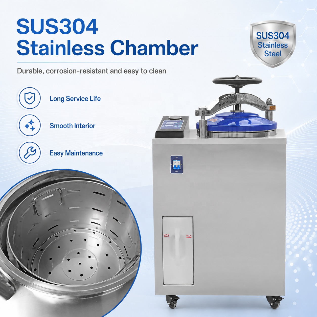 Cenlee OEM Laboratory Internal Cycle Steam Sterilizer 35-100L SUS304 116-134°C Digital Control Vertical Autoclave
