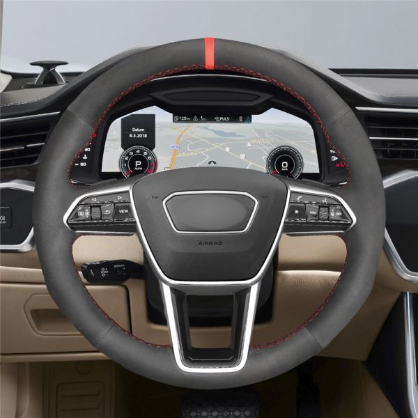 Custom Black Suede Steering Wheel Cover for Audi A6 Avant C8 Allroad A7 Sportback K8