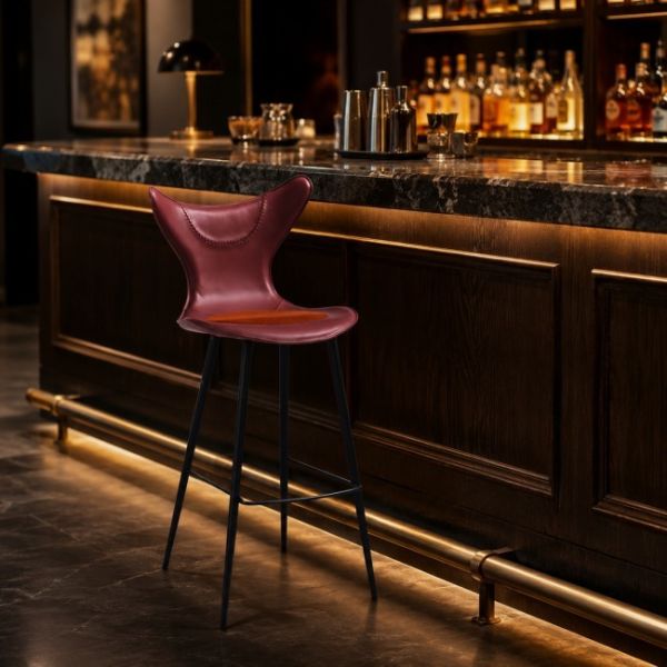 Regenerated High Back Leather Bar Stool With Black Metal Legs For Bistros