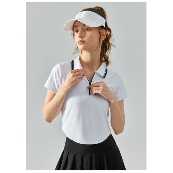 Women's Light Blue Cropped Polo Sport Top - Short Sleeve, Zippered Collar, Moisture-Wicking Fabric for Yoga, Tennis & Gym Workouts