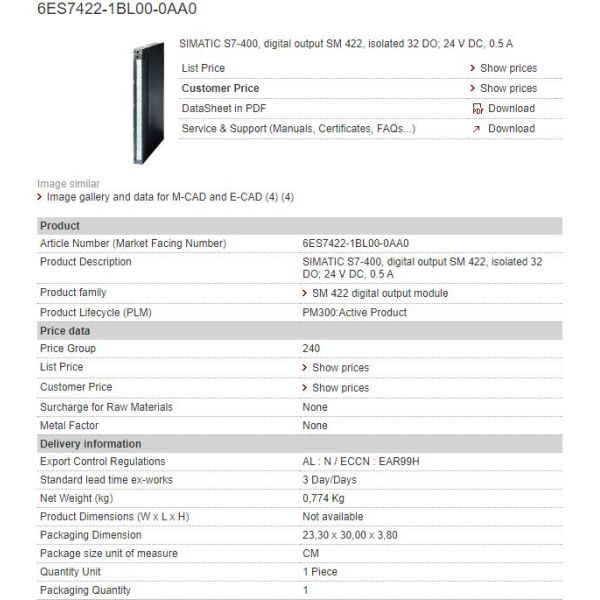 6ES7422-1BL00-0AA0 Сименс   Модуль цифрового данного SM 422
