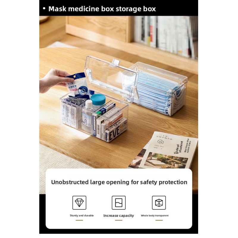 Minimalist Clear Plastic Medicine Organizer Box Large Capacity Multi-Compartment Desktop Storage Container with Handle