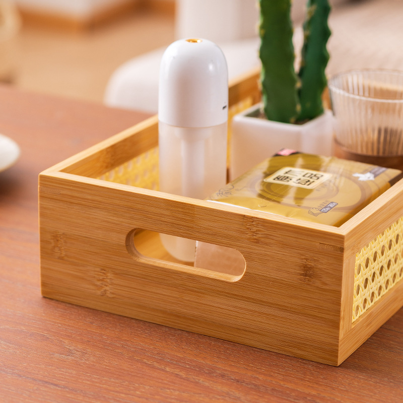 Handmade Modern Trendy Rattan Storage Basket Bamboo Woven Bin with Wooden Frame Handles Rustic Farmhouse Decorative Wicker Box