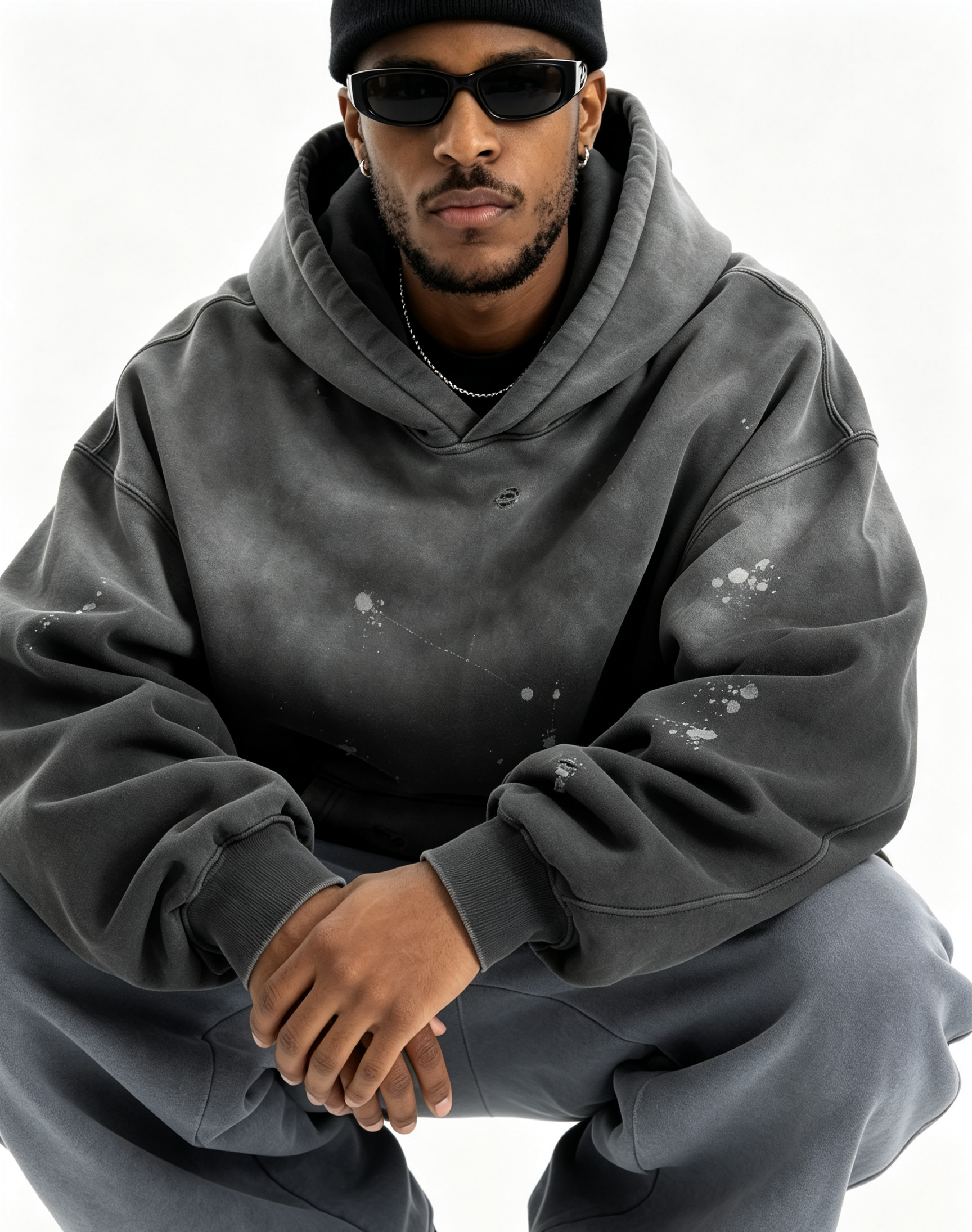 400G Heavyweight Fleece Lined Gradient Washed Distressed Hoodie, Oversized American Retro Pullover Hooded Sweatshirt 4 Colors Cross-Border Wholesale