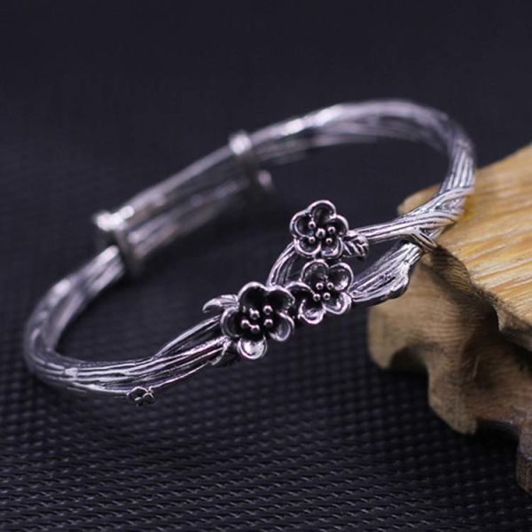 Sterling Silver Bangle Cuff Bracelet Engraved Flower Vintage Jewelry (049093W)