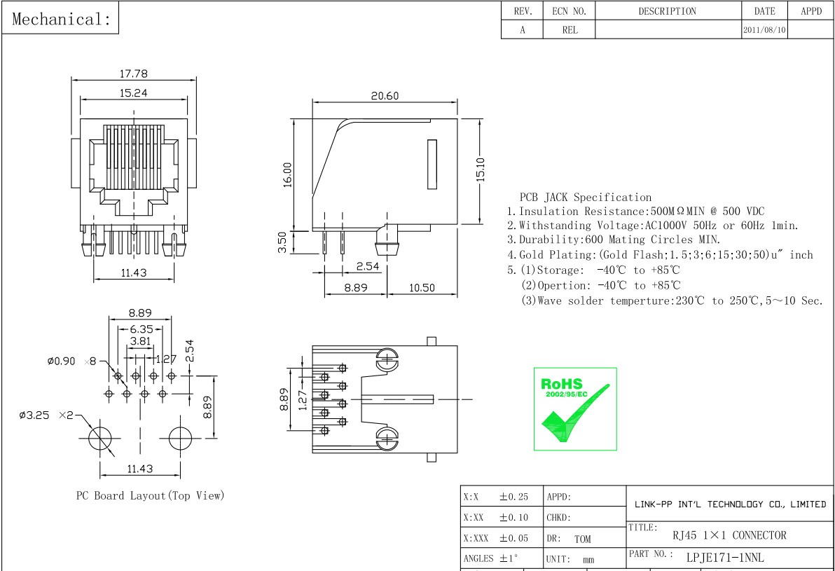 5520252-4 соединение LPJE171-1NNL Lan RJ45 модульного Джек