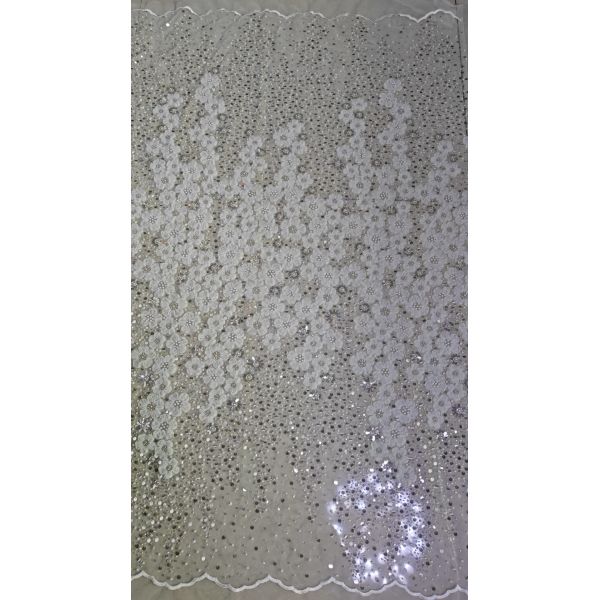 Polyester Beaded Embroidery Fabric Sequin Lace Spandex White 100% Embroidered Lace Fabric
