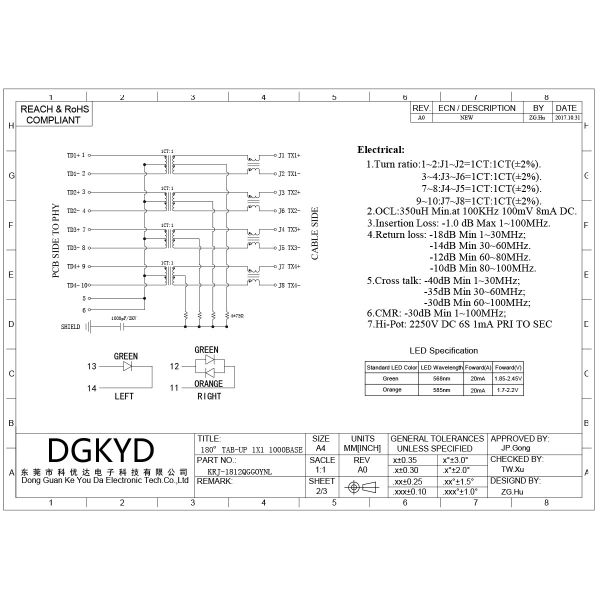 KRJ-1812QGGOYNL Vertical RJ45 Connector Gigabit Network Interface Industrial Ethernet Socket Vertical entry cat6 RJ45 connector Gigabit Magnetic Jack w / bi - color LED