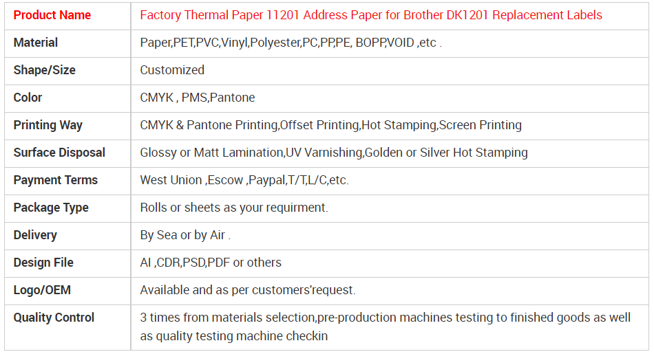 11201 Custom Adhesive Labels Waterproof Brother DK1201 Labels