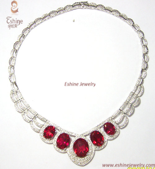 Large Honest Quality Sterling Silver CZ jewelry wedding necklace with garnet & clear CZ