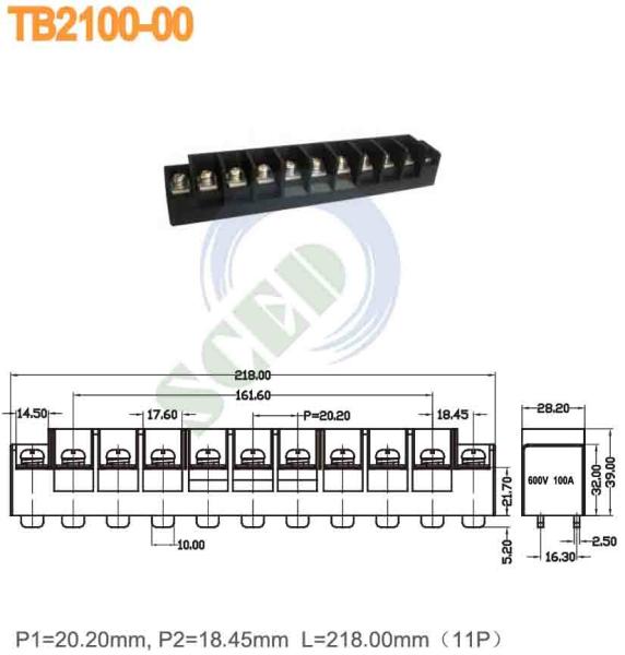 La hauteur de l'écartement est de 20 mm, 600 V, 100 A, TB série 11P, PBT M6