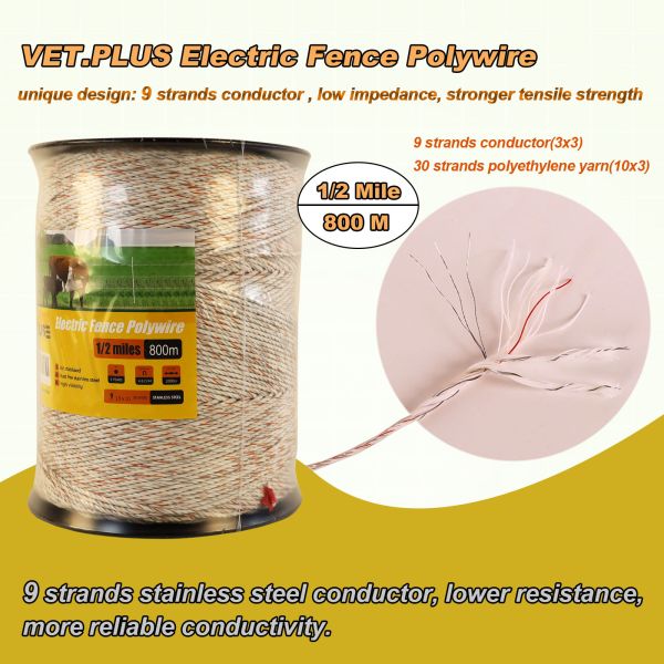 Electric Fence Wire with 9 Strands Stainless Steel Conductors for Reliable Conductivity, 3mm Diameter Portable Electric Fence Polywire, UV and Rust Resistant