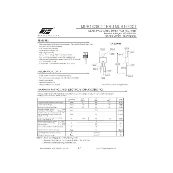 MUR1620CT/MUR1640CT/MUR1660CT/MUR1680CT/MUR16120CT Super Fast Diode VRRM 200V-1200V