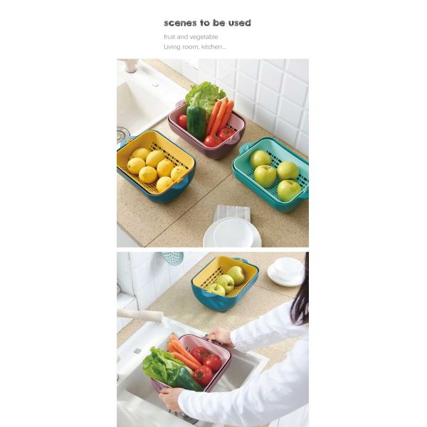 ODM PP Double Fruit And Vegetable Drain Basket Sustainable Green Yellow