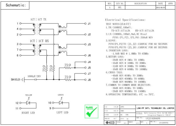 Étiquette de RT2-14FB4K1A RJ45 1× ×2 avec le transformateur pour 10/100Base-T, avec la LED