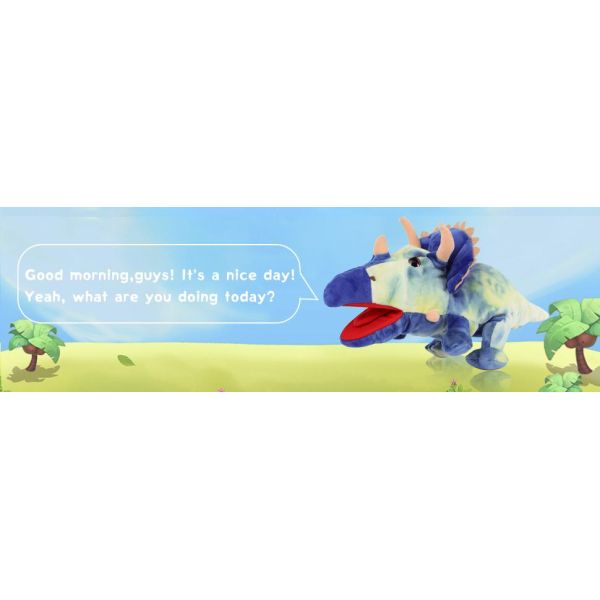 MorisMos 15-Inch Blue Triceratops Hand Puppet Unisex Movable Mouth Stuffed Toy Dinosaur Great Role Play Plush Cotton Polyester