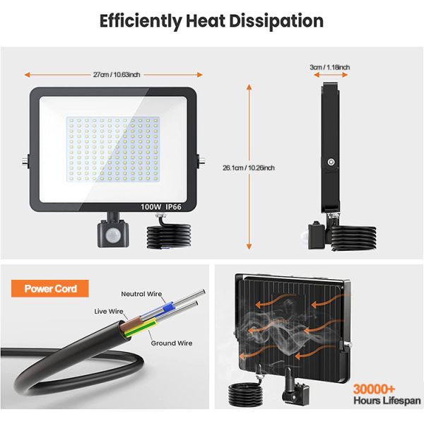 10000lm Security PIR LED Flood Lights 3000K 4500K 6500K Motion Sensor