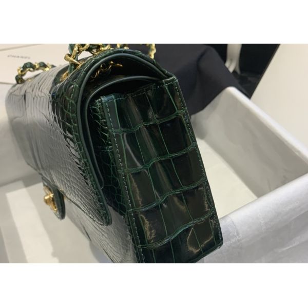 Classic Style Green Croc Crossbody Bag , 25.5cm Crocodile Skin Shoulder Bag