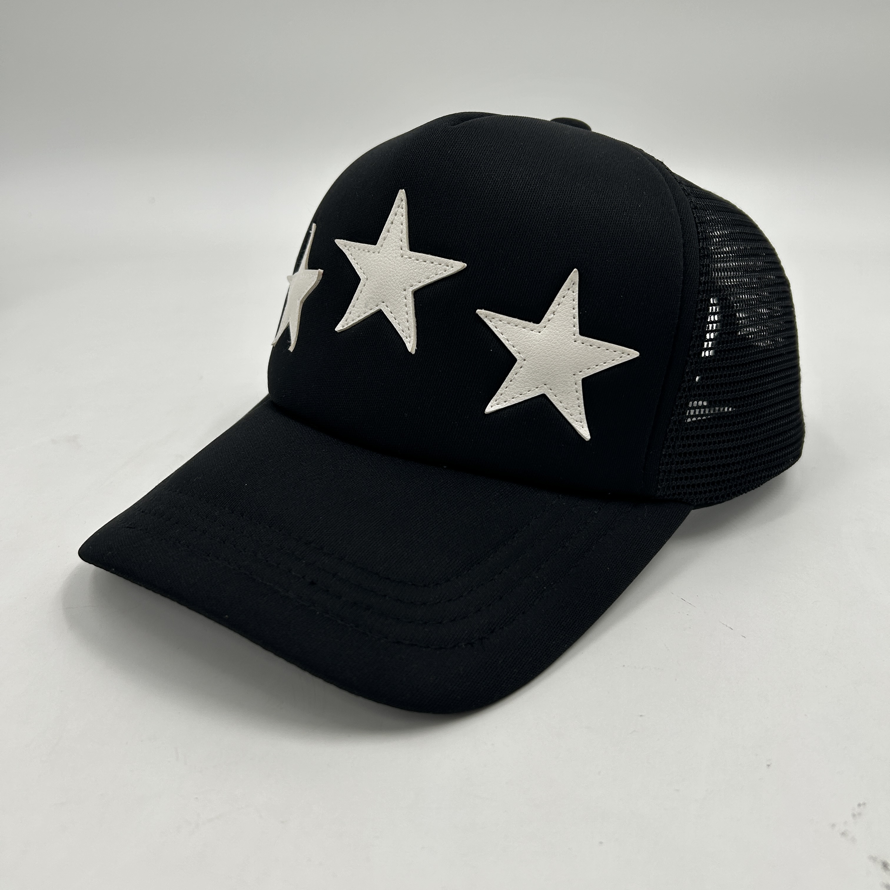 PU Leather Stars Mesh Trucker Caps Patches Foam Polyester Embroidered High Crown 5 Panels