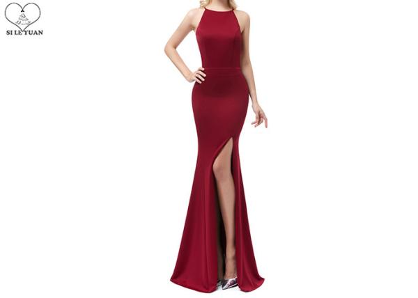 Mermaid Wedding Bridesmaid Dresses Floor Length High Slit Wine Elastic Fabric