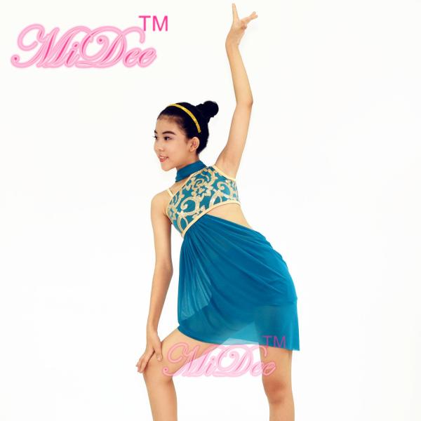 Mordern Ballet Dance Costumes Floral Diagonal Neckline Cut Out Side Dress