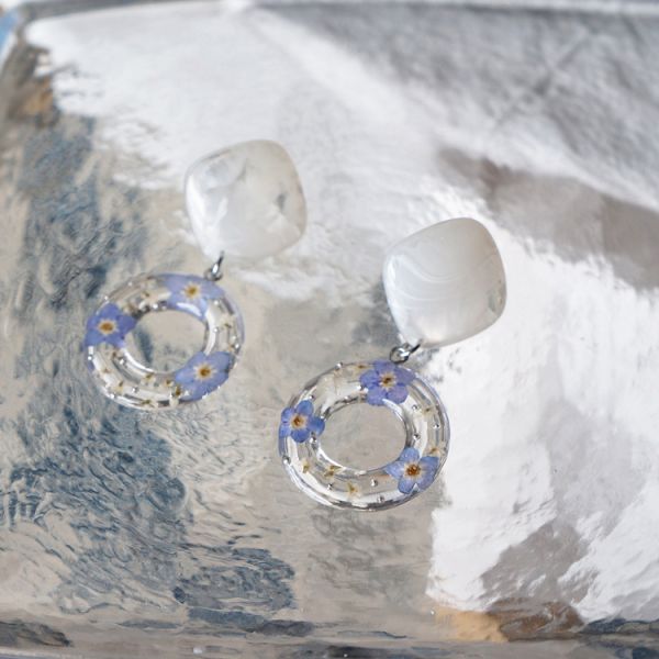 Forget-Me-Not Handcrafted Blue White Cube Single Stone And Germany Resin Ring Earrings For Christmas