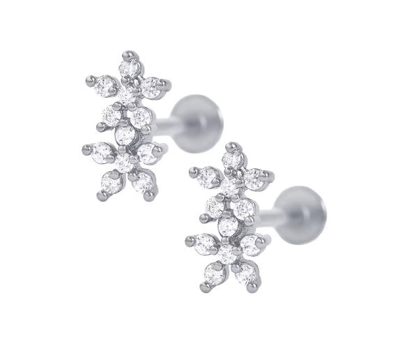 Классический стиль двойные цветы мяч назад плоская спина 925 серебряные серьги для девочек