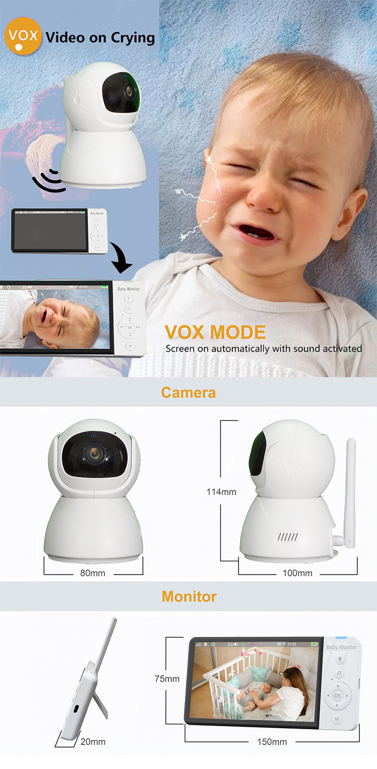 Smart Baby Pet Monitor PTZ Camera 5.0 Inch Screen Big Battery Sleep IR Night Vision Two-Way Audio Music Talk-Back