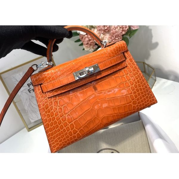 Orange Crocodile Skin Bag , 19cm Genuine Crocodile Leather Bag