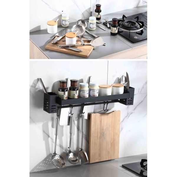 5 Hooks Wall Mounted Kitchen Shelf Space Saving Matte Black Color