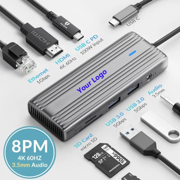 USB 3.1 Interface Type C To 9 Ports USB A 3.0 Adapter With RJ45 Gigabit Ethernet Network Card Gray