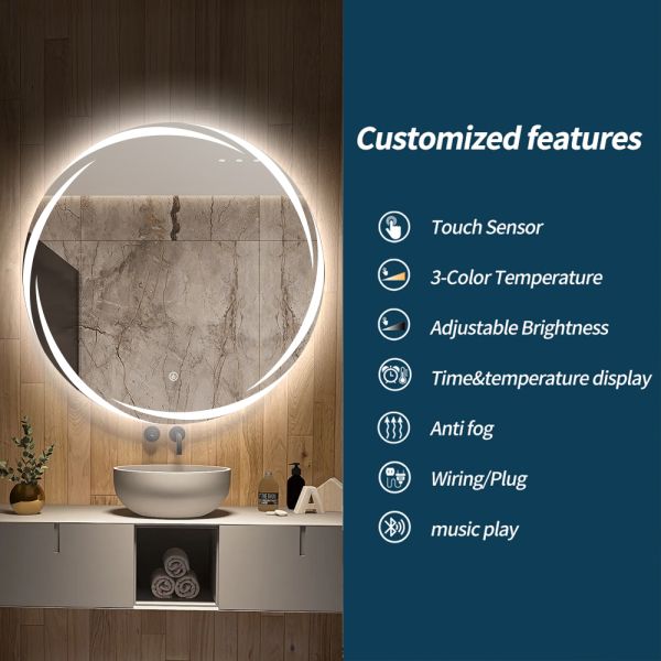 5mm Hotel Mirrors Wall Mounted Round Lighted Vanity Bathroom Mirror