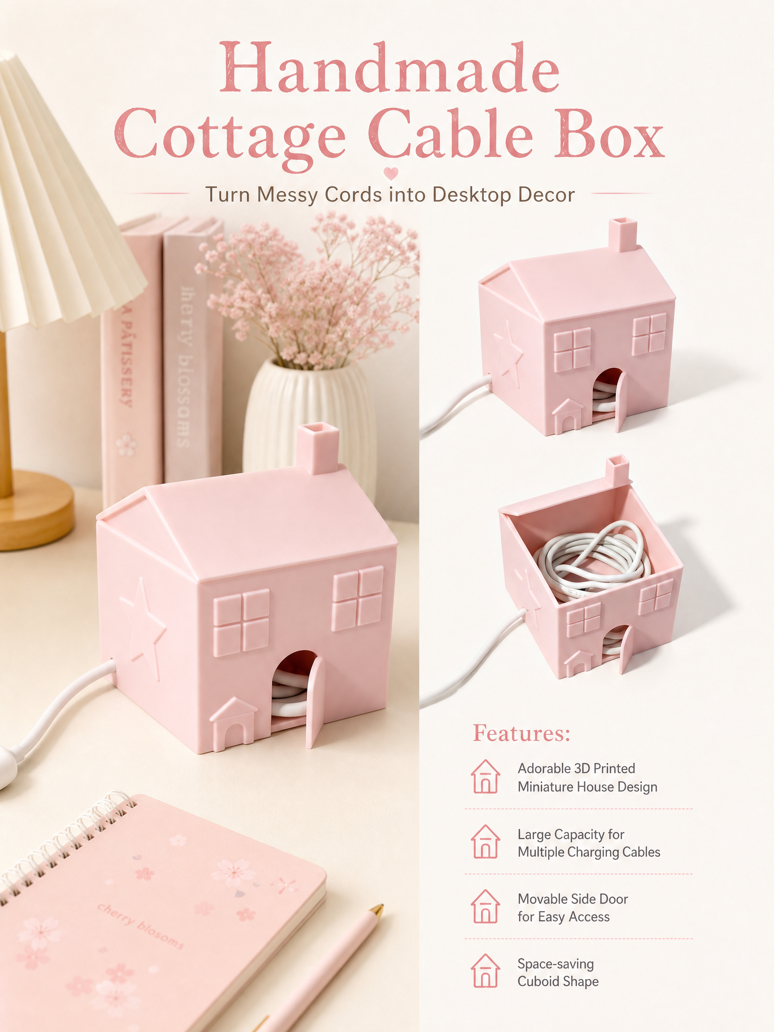 Pink Desk Accessories 3d Print Office Supplies FDM Hidden Wire Slot