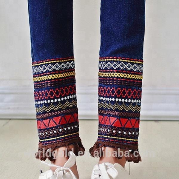Embroidery Tassel Leg Stretch Denim Jeans For Ladies Dark Blue Color