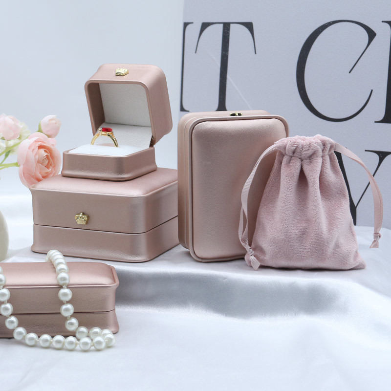Pink PU Leatherette Jewelry Case Wedding Ring Box With Velvet Lining Elegant Packaging