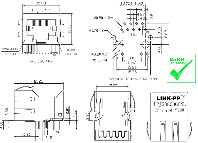 Порт сети стандарта Ethernet гигабита Magnetics PCIE-G41A2 LJ-640B10-41-F Rj-45 Jack 1000Base-T