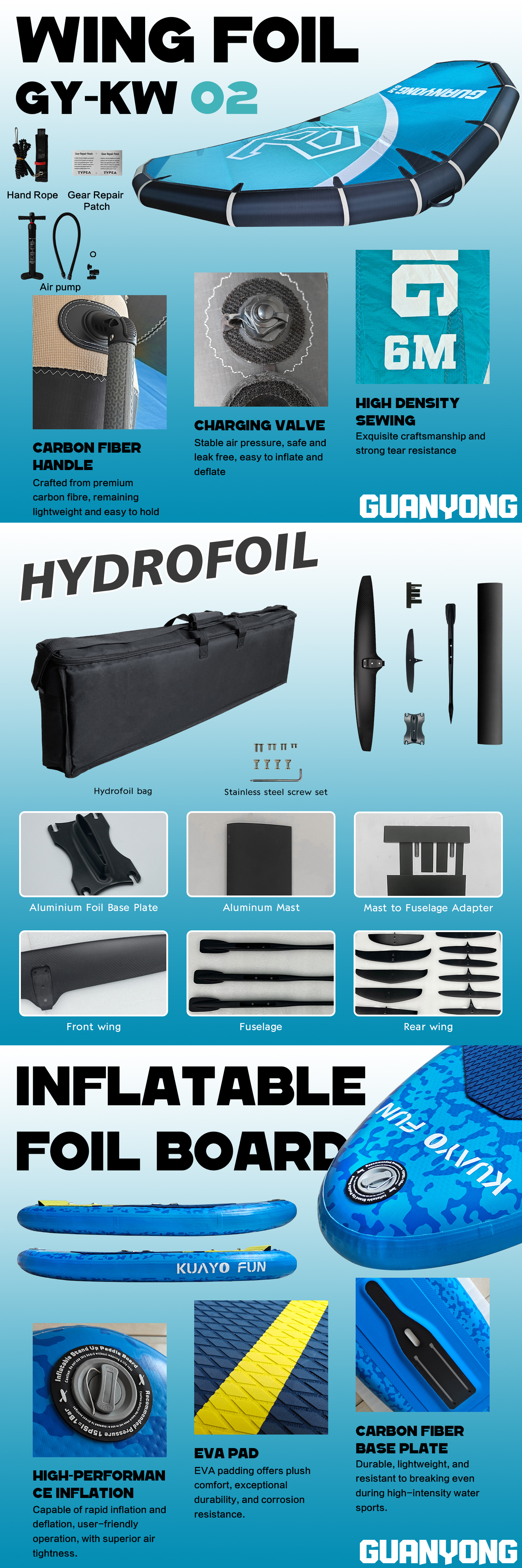 Hot selling Wingfoil Kitesurf Wind Efoil sup Hydrofoil Inflatable PVC Surfboard Three-Piece Wing Foil Set Surfing hydrofoil