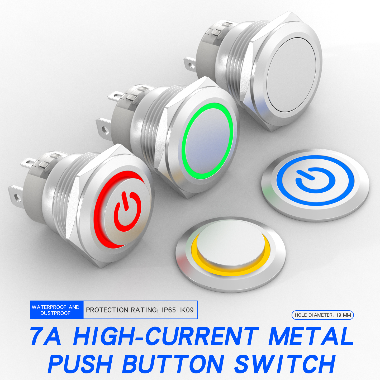 Metal Push Button Switch, Short Type, High Current 19mm Power Button with Light, Self-Locking and Self-Reset Start-Stop Switch