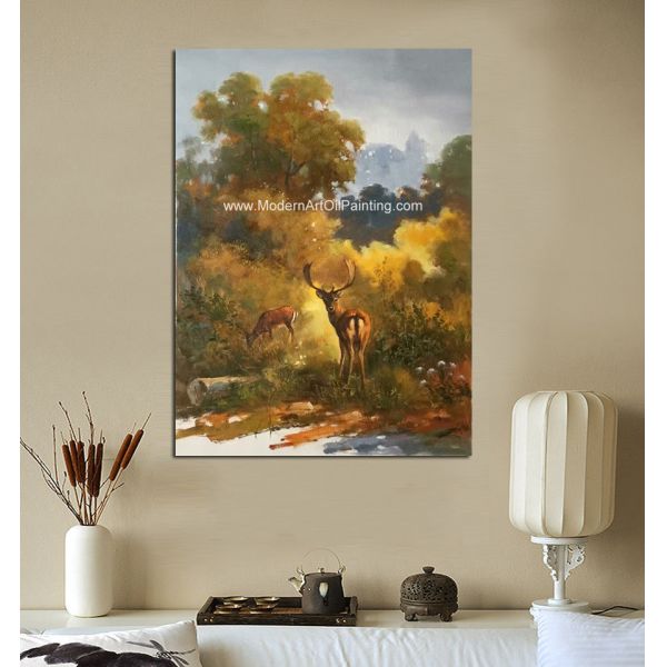Картина написанная маслом животного сала холста классическая, 2 оленя обрамила искусство 24