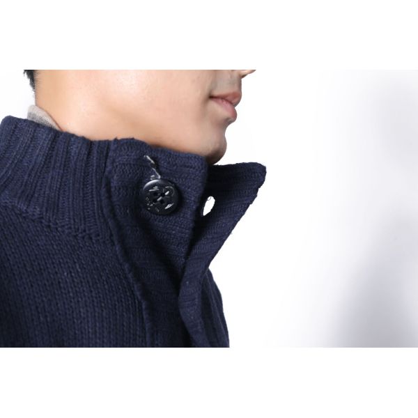 Autumn Winter Men's Stand Collar Sweater with Thick Needle and Single Breasted Buckle