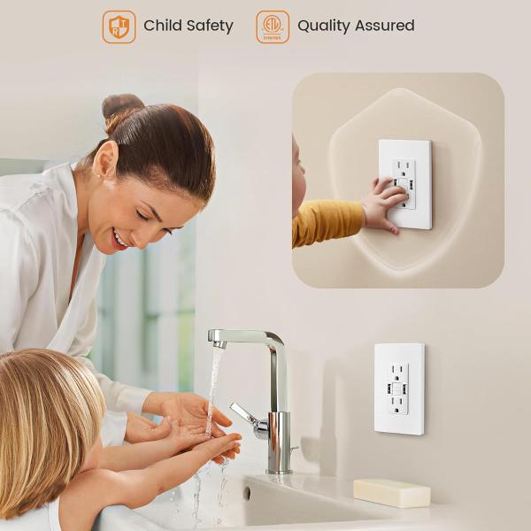 Auto Monitoring Secure GFCI Sockets 15A GFCI USB Outlets Customized With 2 USB