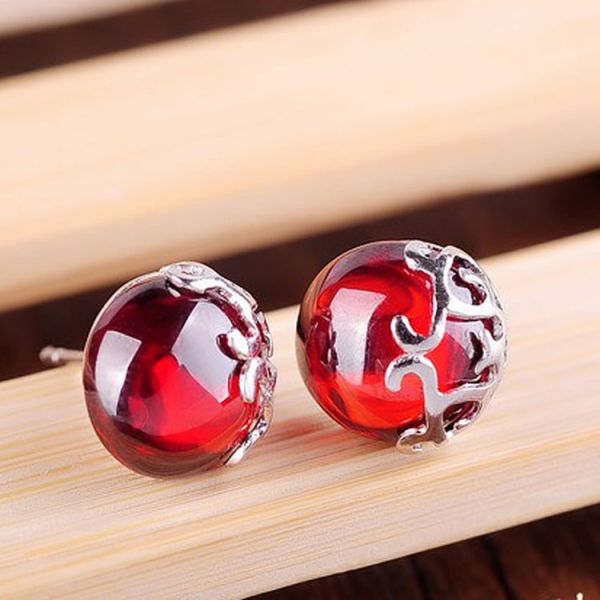 Sterling Silver 10mm Round Red Garnet Stud Earrings Vintage Thai Silver Jewelry(E11065RED)