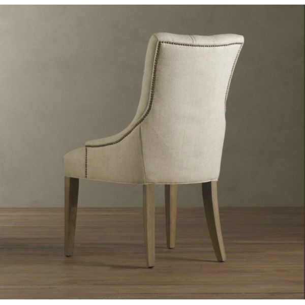 Event button tufted reclining back solid wooden dining chiar with linen upholstered rental restaurant furniture