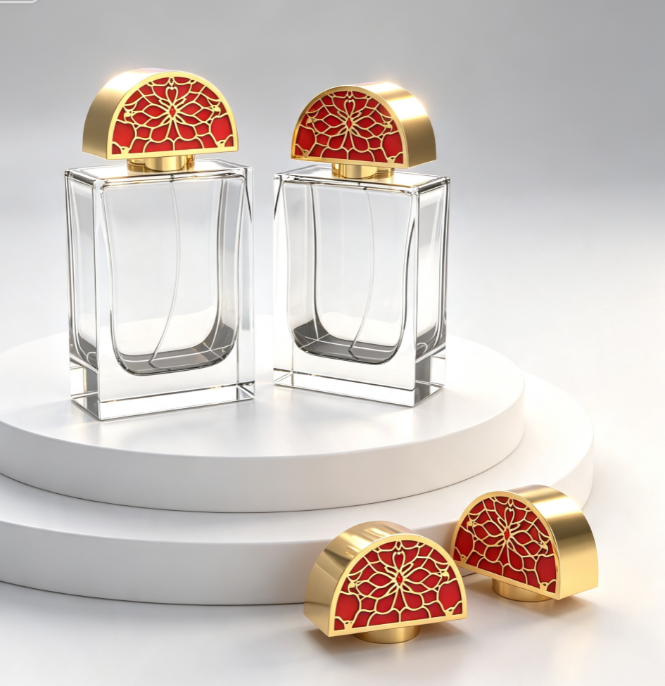 Semicircle Hollow Floral Zamac Perfume Cap with Red Enamel Gold Plated Finish and Custom Logo Engraving