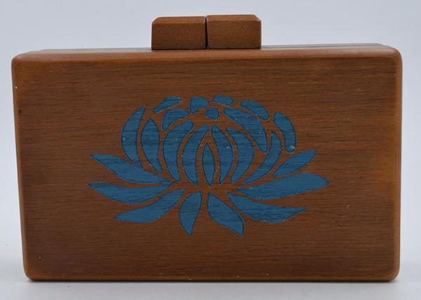 Brown Flower Printing Color Sparkly Clutch Bag , Vintage Style Wooden Box Clutch