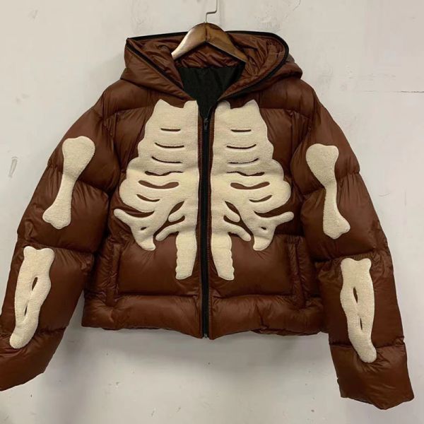OEM Unisex Zip Up Hoodie Esqueleto personalizado bordado con cheniles Logotipo Puff Jacket a prueba de agua a prueba de viento burbuja con cierre completo chaqueta hombre